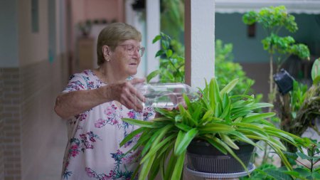 Foto de Mujer anciana regando planta con botella de agua en el patio trasero del hogar. Rutina diaria de persona mayor genuina cándida - Imagen libre de derechos