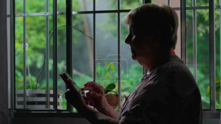 Téléchargez les photos : Silhouette de femme âgée utilisant la technologie moderne à la maison. Dame âgée tenant téléphone et défilement Internet en ligne par winodw - en image libre de droit