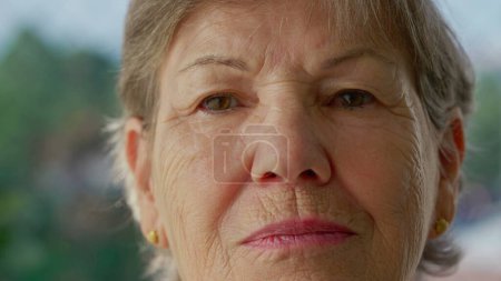 Photo for Portrait of a serious older woman close-up face looking at camera. Older female person with stoic expression - Royalty Free Image