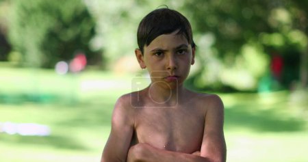 Photo for Upset young boy child waving finger NO outdoors - Royalty Free Image