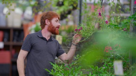 Photo for Candid young redheaded man smelling flower at horticulture retail store - Royalty Free Image