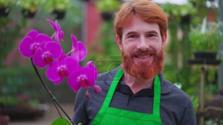 Photo for Joyful male employee of Horticulture store holding Flower standing inside local shop. Portrait of redhead young man staff wearing green apron - Royalty Free Image