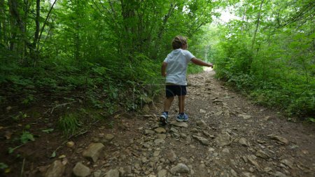 Téléchargez les photos : Randonnée des enfants dehors sur le sentier vert enfant marchant à l'extérieur dans les bois - en image libre de droit