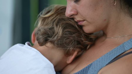 Photo for Sleepy child and mother tired parent and kid waiting together pensive woman holding small boy - Royalty Free Image
