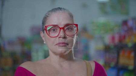Téléchargez les photos : Femme d'âge moyen luttant contre l'inflation à l'intérieur de l'épicerie, les temps difficiles Portrait de consommateur - en image libre de droit