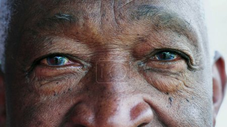 Photo for Macro tight close-up of an African American senior man with blue eyes staring at camera. Portrait face of a black older male person with wrinkles depicting old age and wisdom - Royalty Free Image