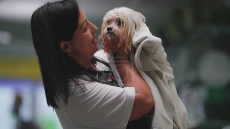 Téléchargez les photos : Le propriétaire et l'employé d'un animalerie local affichent fièrement Shih Tzu Pet After Bath - en image libre de droit
