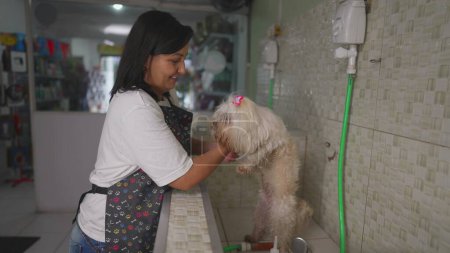 Foto de Feliz empleada de Pet Shop sacando a Perro Pequeño de la Jaula y preparándose para el lavado - Imagen libre de derechos