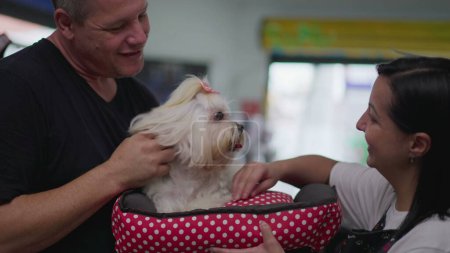 Foto de Happy Pet Client Holding Small Dog. Propietaria de una empresa femenina entregando Shih-Tzu al hombre después del baño de aseo - Imagen libre de derechos