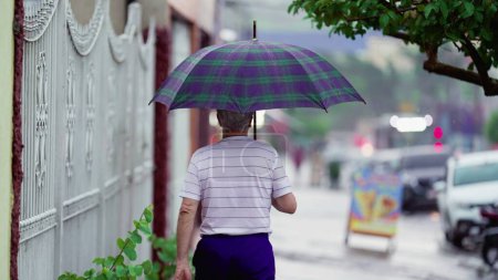 Téléchargez les photos : Dos d'un aîné marchant sous la pluie tenant un parapluie. personne âgée mature flânant sur le trottoir de la rue sous la pluie - en image libre de droit