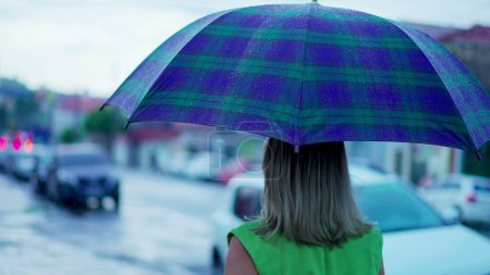 Foto de Parte posterior de la mujer sosteniendo paraguas caminando en la calle mientras llueve - Imagen libre de derechos