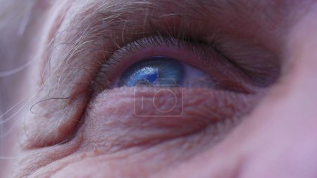 Téléchargez les photos : Homme âgé plein d'espoir gros plan oeil bleu regardant vers le haut vers le ciel, regardant les nuages avec ESPOIR et DÉVOTION - en image libre de droit