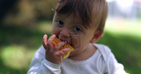 Photo for Adorable baby taking a bite of corn cob. Infant toddler portrait eating healthy snack outside in nature - Royalty Free Image