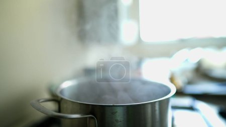 Photo for Steam smoke coming from metal pan at kitchen stove, food preparation - Royalty Free Image