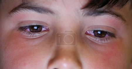 Téléchargez les photos : Child boy face macro eyes looking at tablet device screen at night, kid browsing internet online - en image libre de droit