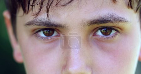 Photo for Serious angry child frowning to camera. Close-up of young boy staring macro eyes detail closeup - Royalty Free Image