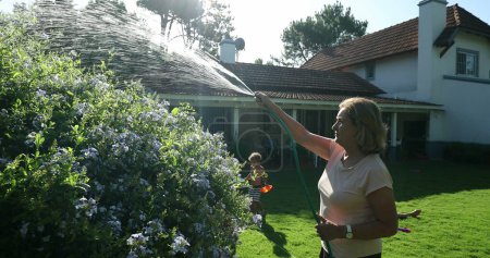 Téléchargez les photos : Older woman watering plants during sunny beautiful day with water hose. Residential house backyard with family relaxing - en image libre de droit