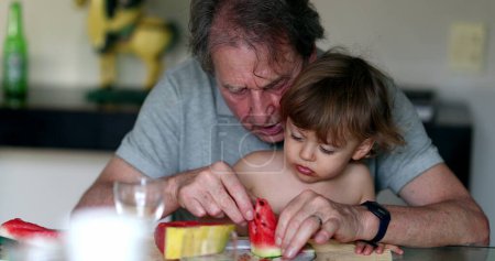 Téléchargez les photos : Baby grandson boy on grandfather lap eating watermelon. Infant refusing food, not wanting to eat - en image libre de droit