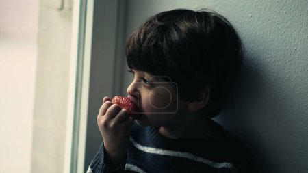 Foto de Joven absorbido en vista, mordiendo en fresa fresca - Imagen libre de derechos