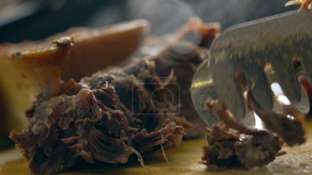 Photo for Macro close-up of hot meat, preparing and cooking meal, steam smoke coming from food - Royalty Free Image
