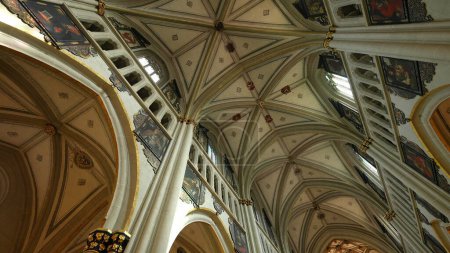 Photo for Traditional Catholic ceiling in Saint Nicholas Cathedral in Fribourg Switzerland. Ancient beauty work of art - Royalty Free Image