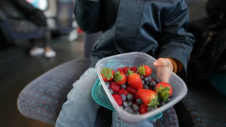 Photo for Close-up of kid hand holding portable container with strawberries and blueberries, seated inside train transportation - Royalty Free Image