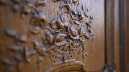 Photo for Handcrafted Floral Intricacy, Ancient Wooden Door Ornamentation. Traditional Door Artistry, Detailed Flower Adornment on Aged Wood - Royalty Free Image