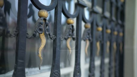 Foto de Puerta de ventana metálica protectora con adorno decorativo. Barrera estética contra intrusos con ornamentación - Imagen libre de derechos