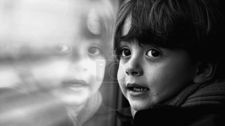 Photo for Introspective Close-Up of Child's Thoughtful Face Leaning on Train Window, Observing Scenery with Curiosity in monochromatic, black and white - Royalty Free Image