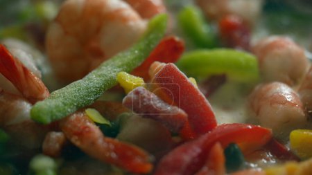 Photo for Macro View of Steaming Shrimps and Vegetables in Pan, Preparing Culinary Dish - Royalty Free Image
