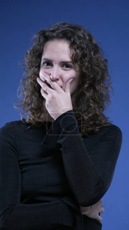 Photo for Woman reacts with unbelief and incredulity looking at camera with suspicious expression - Royalty Free Image
