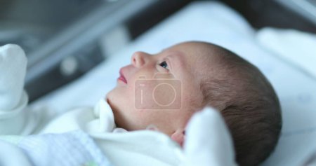 Téléchargez les photos : Baby newborn infant inside hospital crib after birth - en image libre de droit