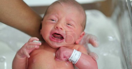 Téléchargez les photos : Newborn baby boy crying while taking bath - en image libre de droit