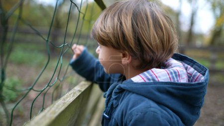 Téléchargez les photos : Petit garçon tenant dans la clôture voulant l'attention de l'animal à la ferme. Profil de clôture cliquetis pour enfants de 4 ans - en image libre de droit