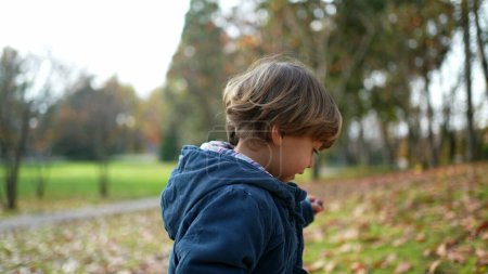 Photo for Joyful child strolling at outdoor park during autumn fall season while wearing blue jacket. 3 year old little boy exploring nature - Royalty Free Image