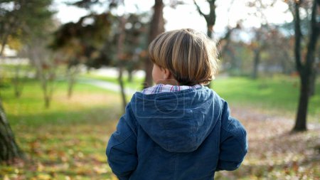 Foto de Niño contemplando la naturaleza en el Parque de Otoño - Niño joven en medio de las hojas de otoño, espalda de niño pequeño con chaqueta azul en el parque iluminado por el sol durante la temporada de otoño - Imagen libre de derechos