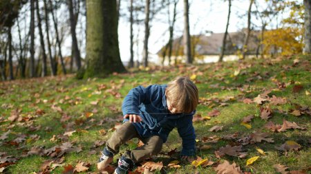 Niño pequeño cayendo al suelo mientras camina en el parque. Niño de 3 años tropieza accidentalmente y se cae mientras pasea por la naturaleza