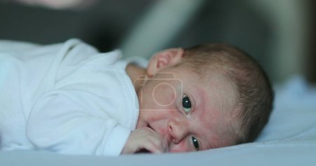 Foto de Adorable newborn baby infant smiling feeling happy discovering the world - Imagen libre de derechos