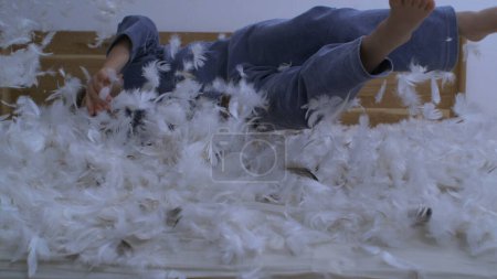 Photo for Joyful Plunge into Feathers - Happy Child Falling into Bed Covered with Thousands of Feathers, Super Slow Motion, Excited Young Boy in Plumage Captured at 1000 FPS - Royalty Free Image