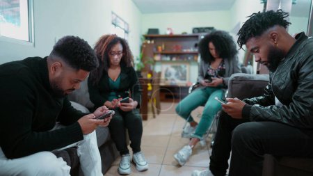 Photo for Social Bubble of Friends Hypnotized by Phones, Lack of Interaction. Group of Friends Engrossed in Phones, Social Isolation in Technology - Royalty Free Image