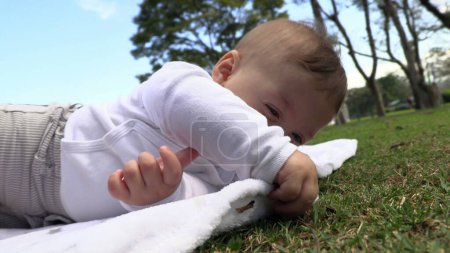 Photo for Cute baby toddler infant boy in outdoor park exploring the world - Royalty Free Image