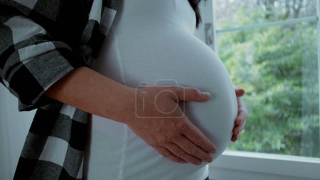 Close-up pregnant woman expecting baby stands by window at home residence overlooking trees in background, hand caressing 8 month belly