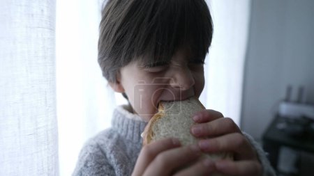 Foto de El niño toma un bocado de sándwich por la ventana. Escena retroiluminada de un niño caucásico de 5 años comiendo bocadillos sosteniendo pan en la mano - Imagen libre de derechos