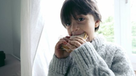 Happy Boy Enjoying Sandwich Close-Up, Small Child Eating Carb-Rich Snack in Afternoon, standing by window backlit