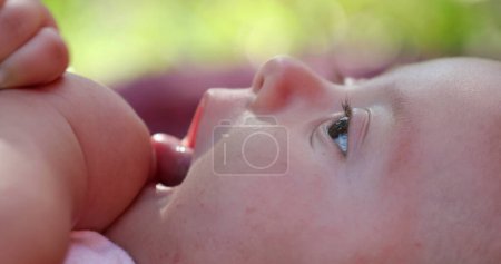 Photo for Baby newborn infant closeup face outdoors - Royalty Free Image