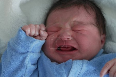 Foto de Un primer plano de las manos de un recién nacido parcialmente cubierto por un suéter de punto, destacando las delicadas y minúsculas características del bebé.. - Imagen libre de derechos