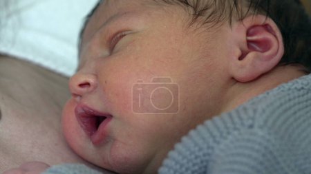 Newborn Resting on Mother's Chest During First Week of Life/ Peaceful Moments in Infant's Early Days, close-up face
