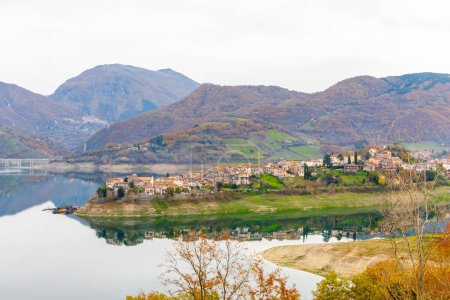 Photo for The ancient village of Colle di Tora overlooking the shores of Lake Turano in the province of Rieti. Italy. - Royalty Free Image