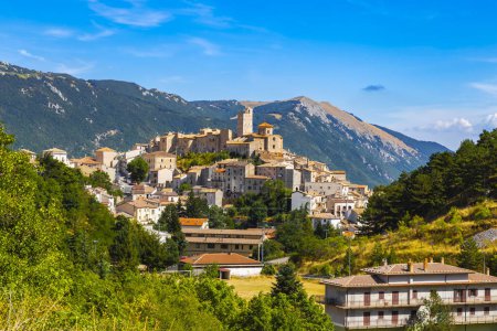 Panorama of the town of Castel del Monte in the province of L'Aquila located in the Gran Sasso and Monti della Laga National Park, in Abruzzo. Italy.