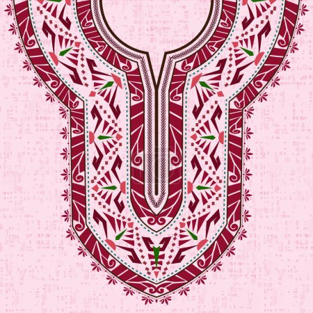 Illustration for Symmetric decorative ornament neckline pattern design for dashiki shirt in vintage style. The fashion design for African clothing. Textile surface pattern with colorful Thai art and floral motifs. - Royalty Free Image